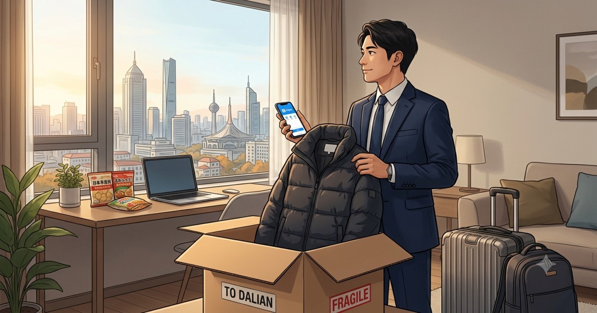 大連赴任の荷造りをする日本人駐在員と、窓の外に見える大連のビル群のイラスト